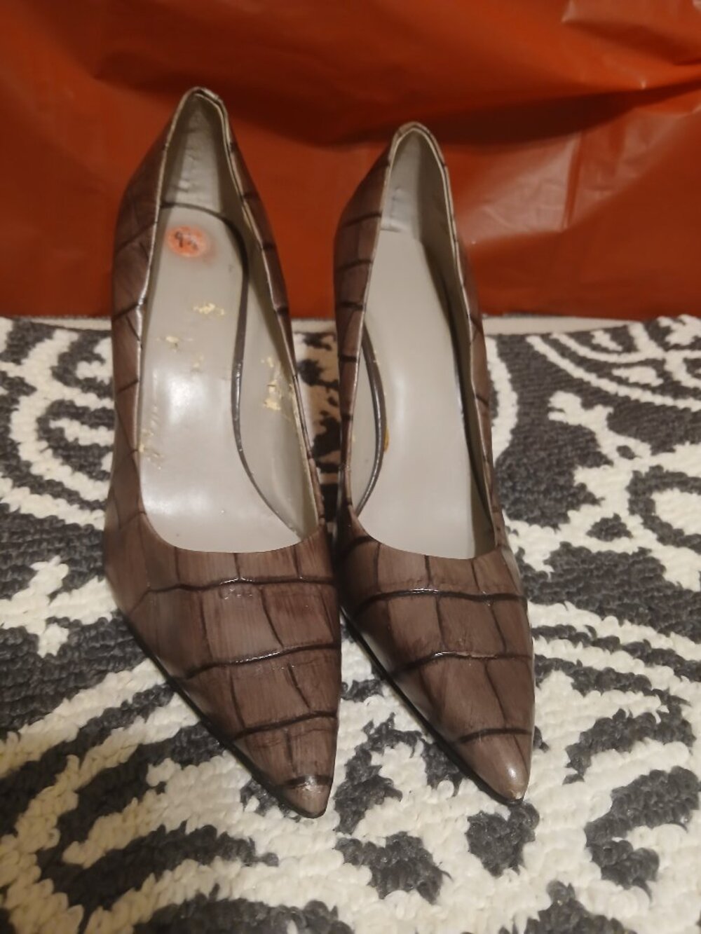 Brown Croc-Embossed Leather Pointed Toe Pumps